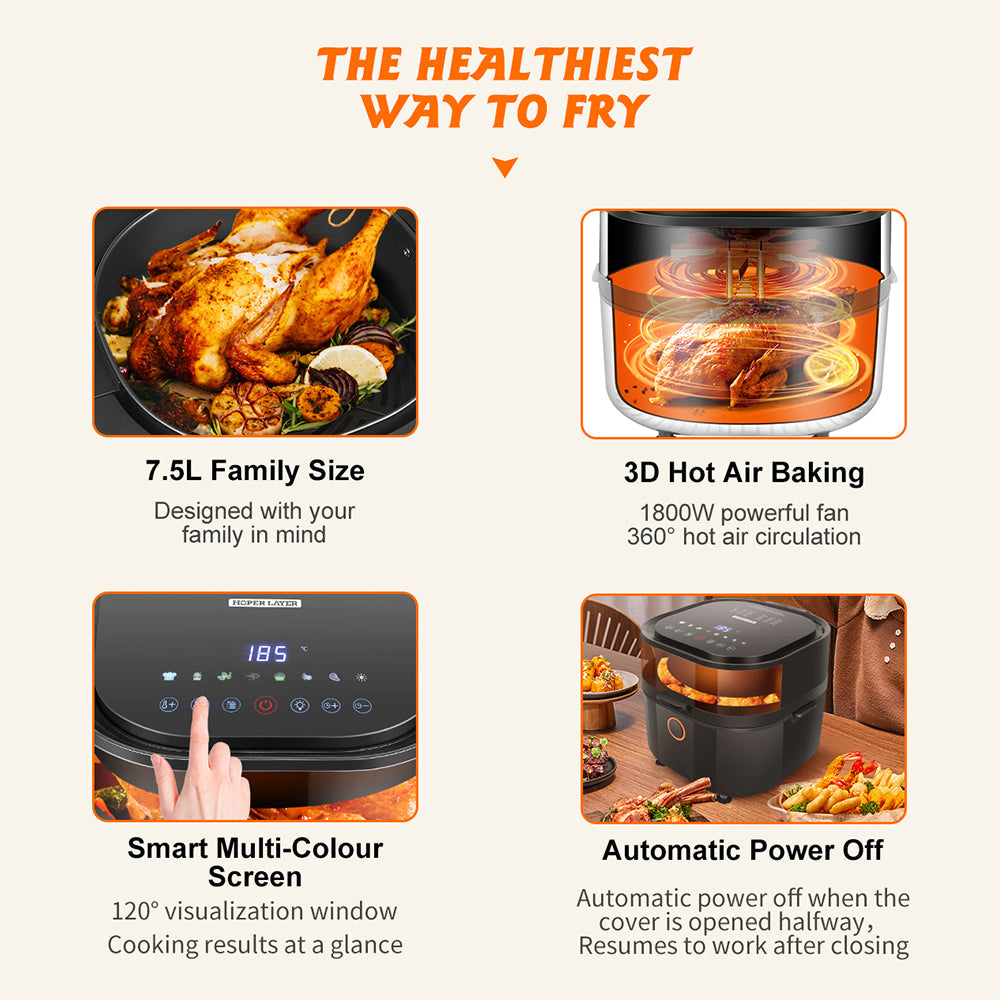 Hoper Layer 7.5L Digital Air Fryer with Viewing Window 1800W 3D Baking