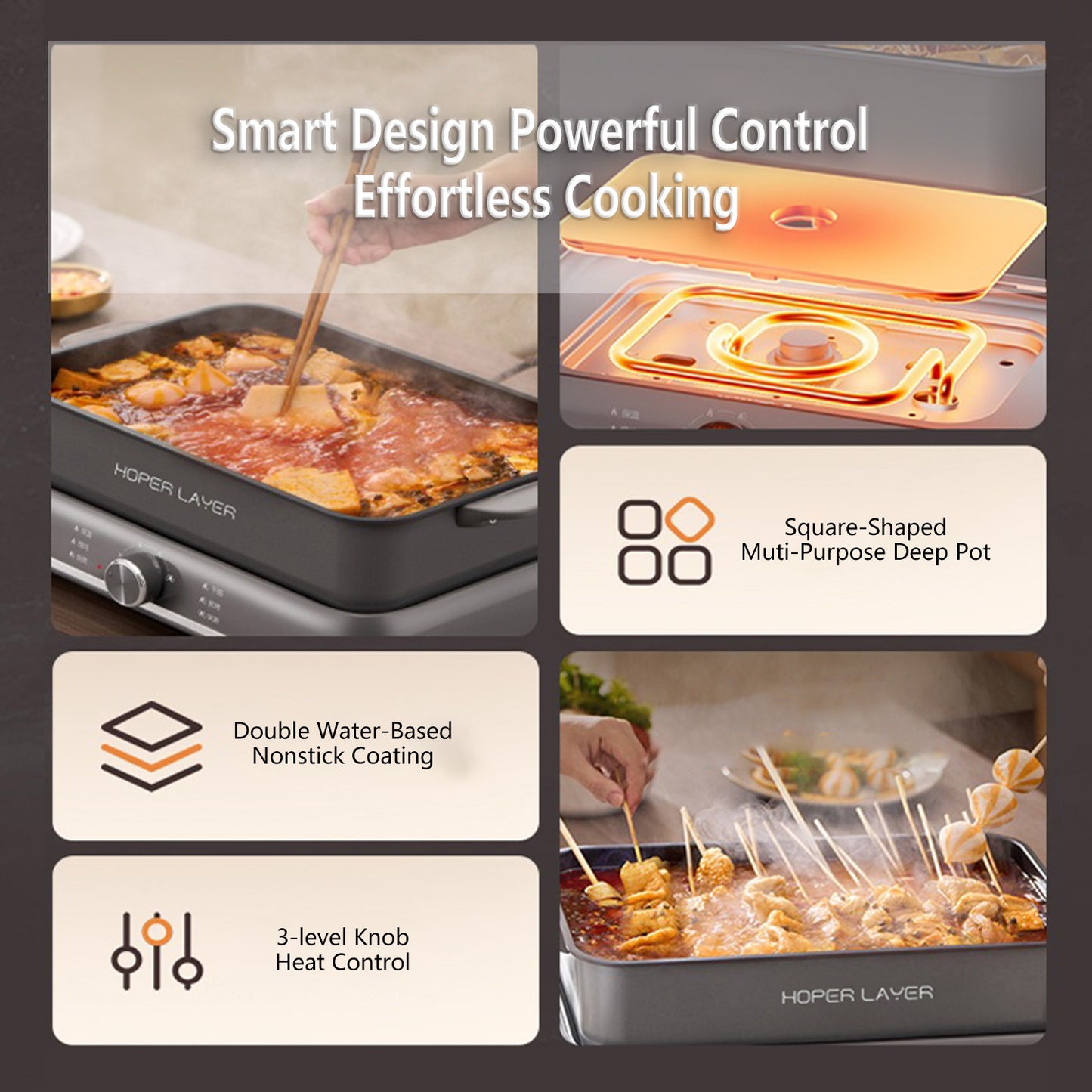 HOPER LAYER Multi-Function 6L 2000W Nonstick Electric Hot Pot Grill Cooker