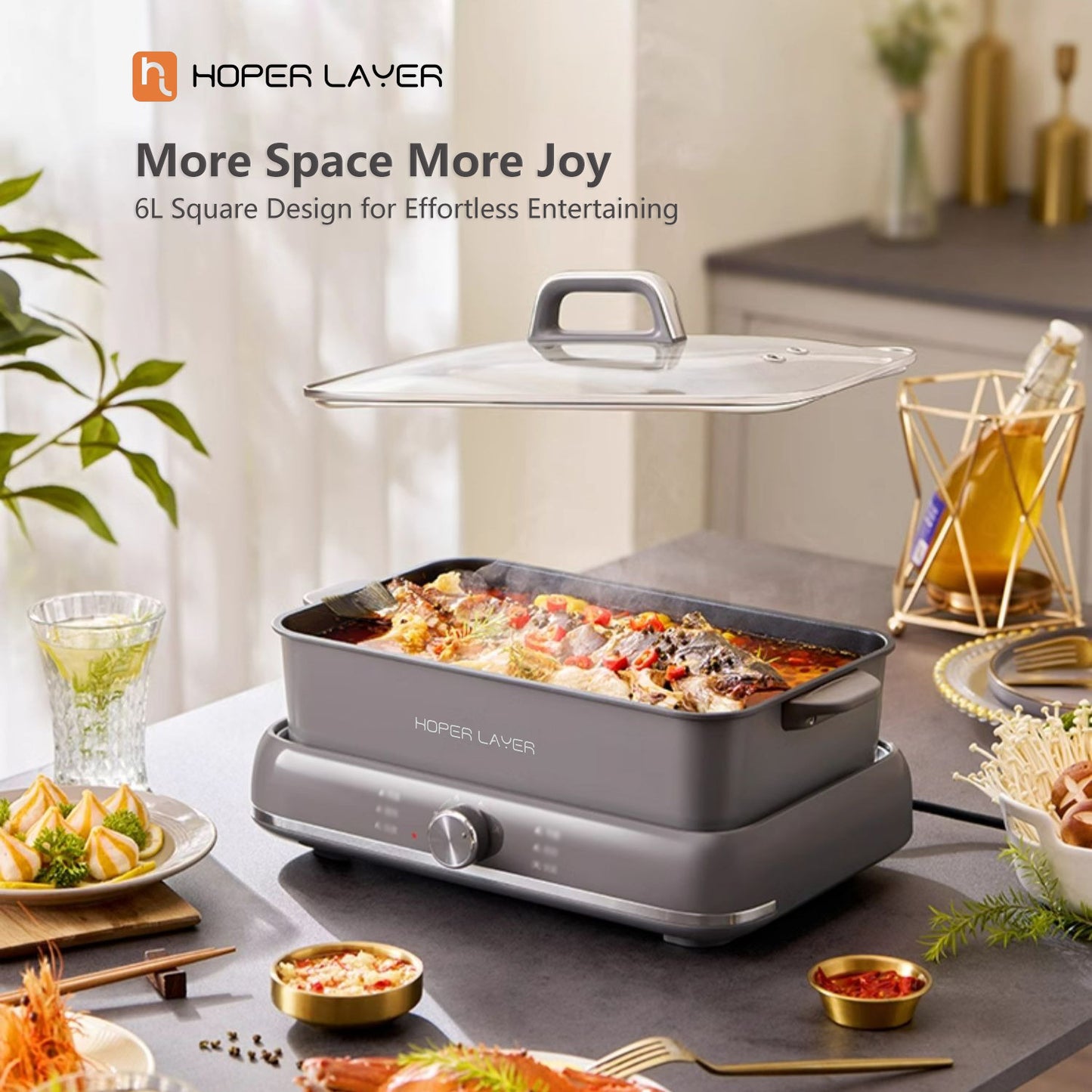 HOPER LAYER Multi-Function 6L 2000W Nonstick Electric Hot Pot Grill Cooker