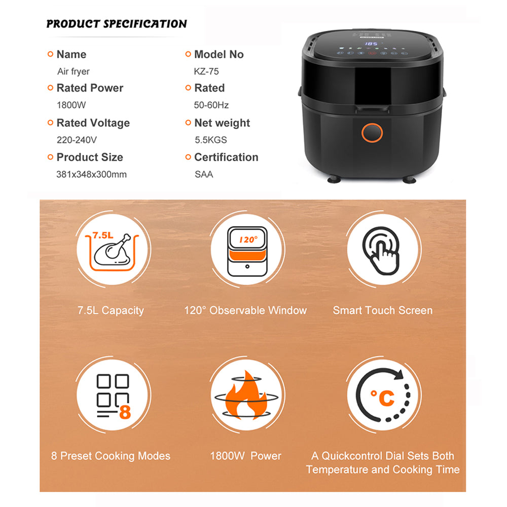 Hoper Layer 7.5L Digital Air Fryer with Viewing Window 1800W 3D Baking