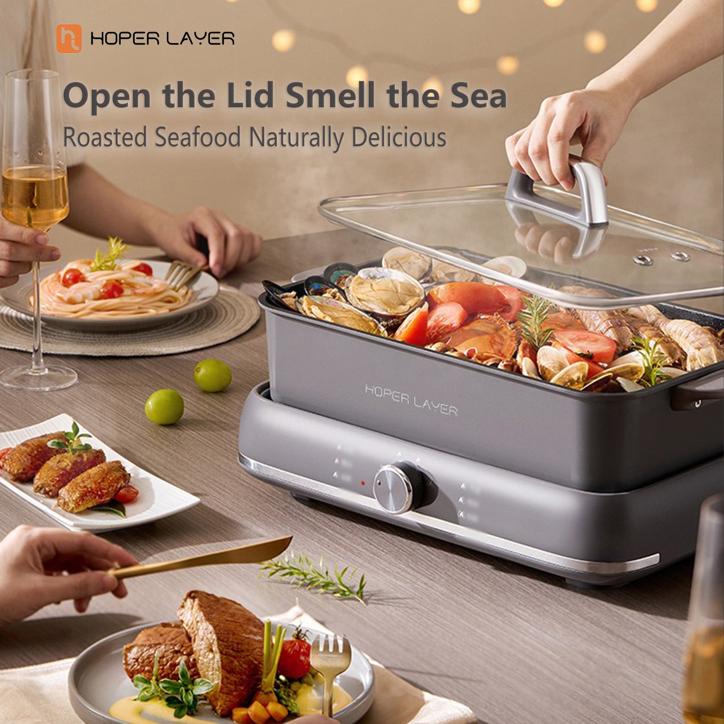 HOPER LAYER Multi-Function 6L 2000W Nonstick Electric Hot Pot Grill Cooker