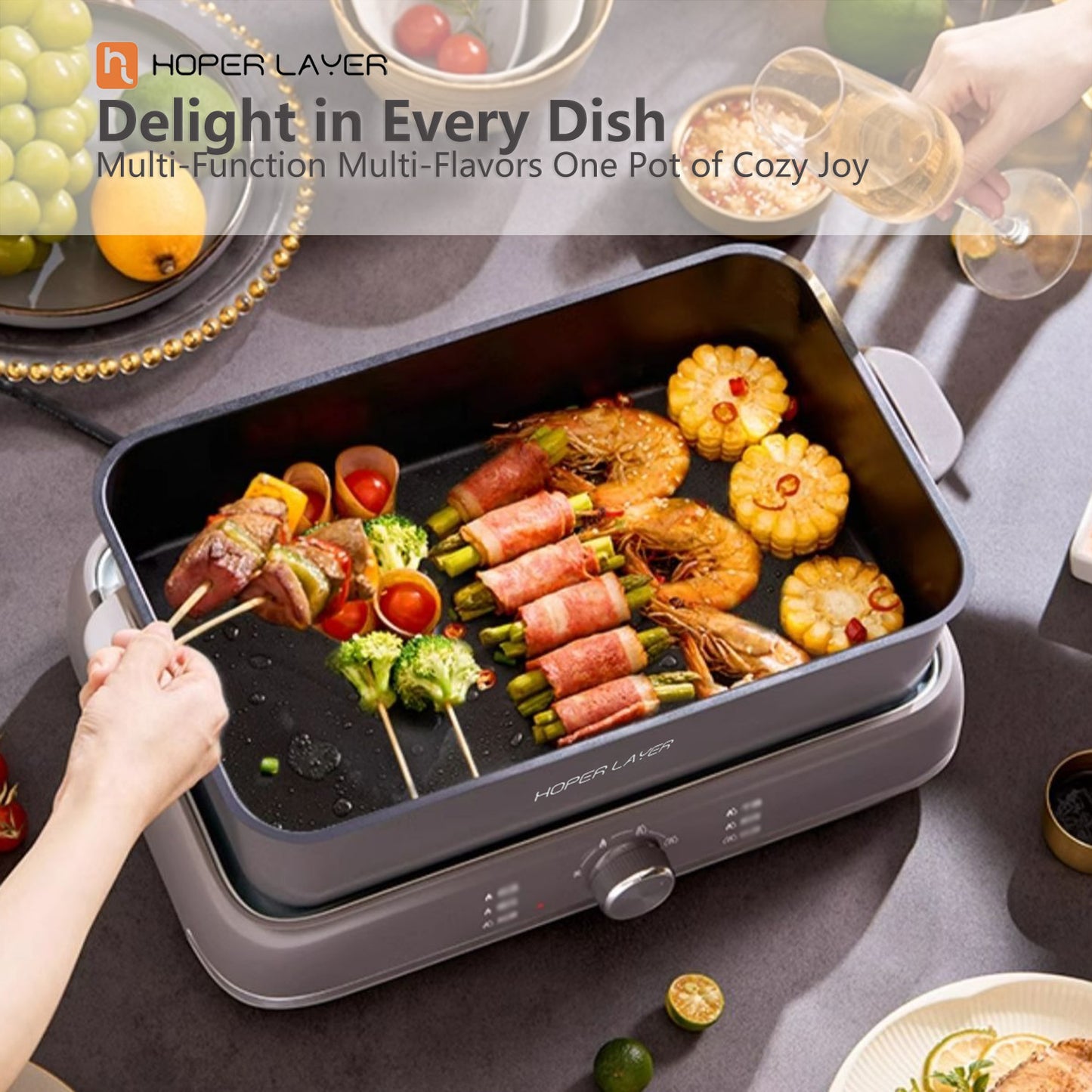 HOPER LAYER Multi-Function 6L 2000W Nonstick Electric Hot Pot Grill Cooker