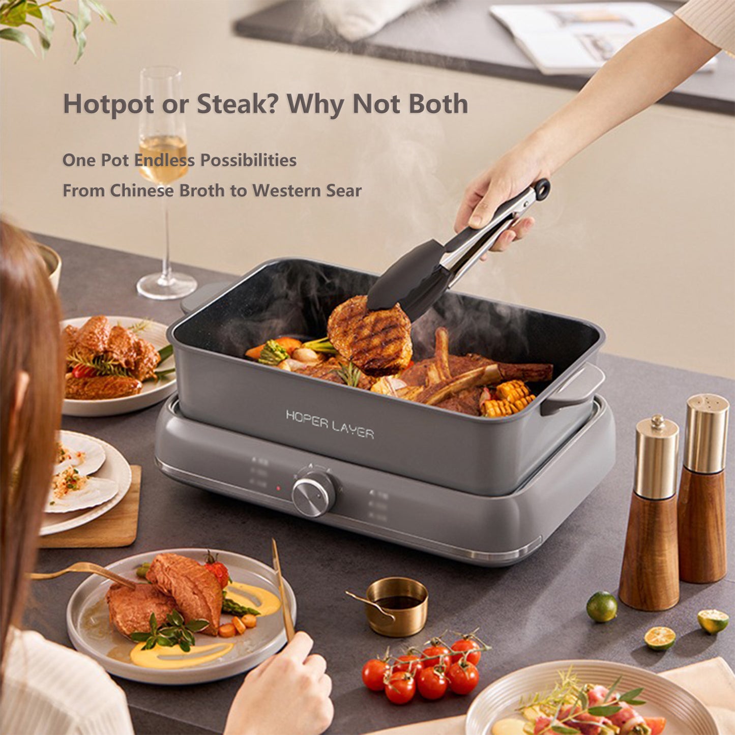 HOPER LAYER Multi-Function 6L 2000W Nonstick Electric Hot Pot Grill Cooker