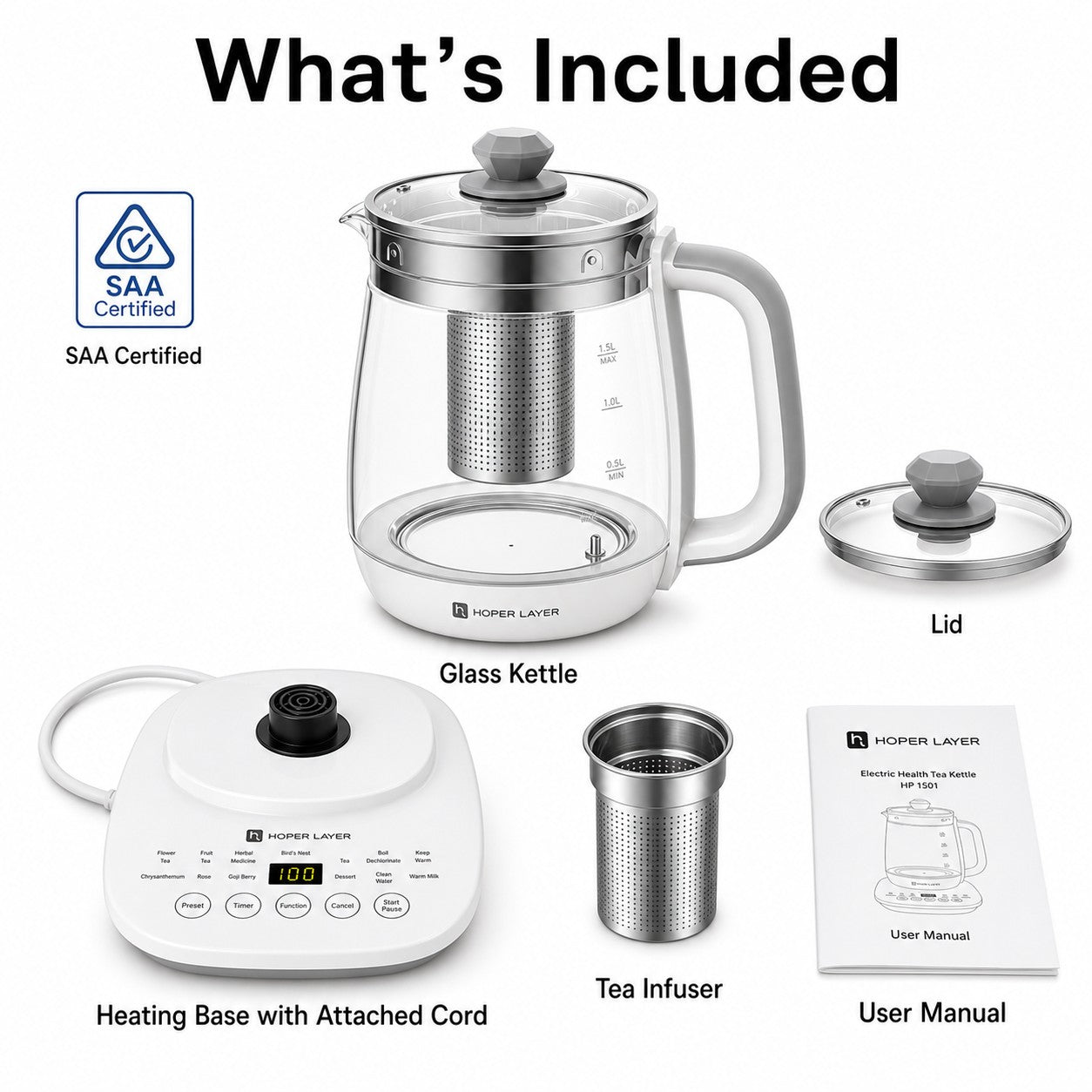 Hoper Layer Eletric Glass Kettle Water Boiler Multiple Cooking Boiling Bottle 1.5L FA-K1501 AU Model