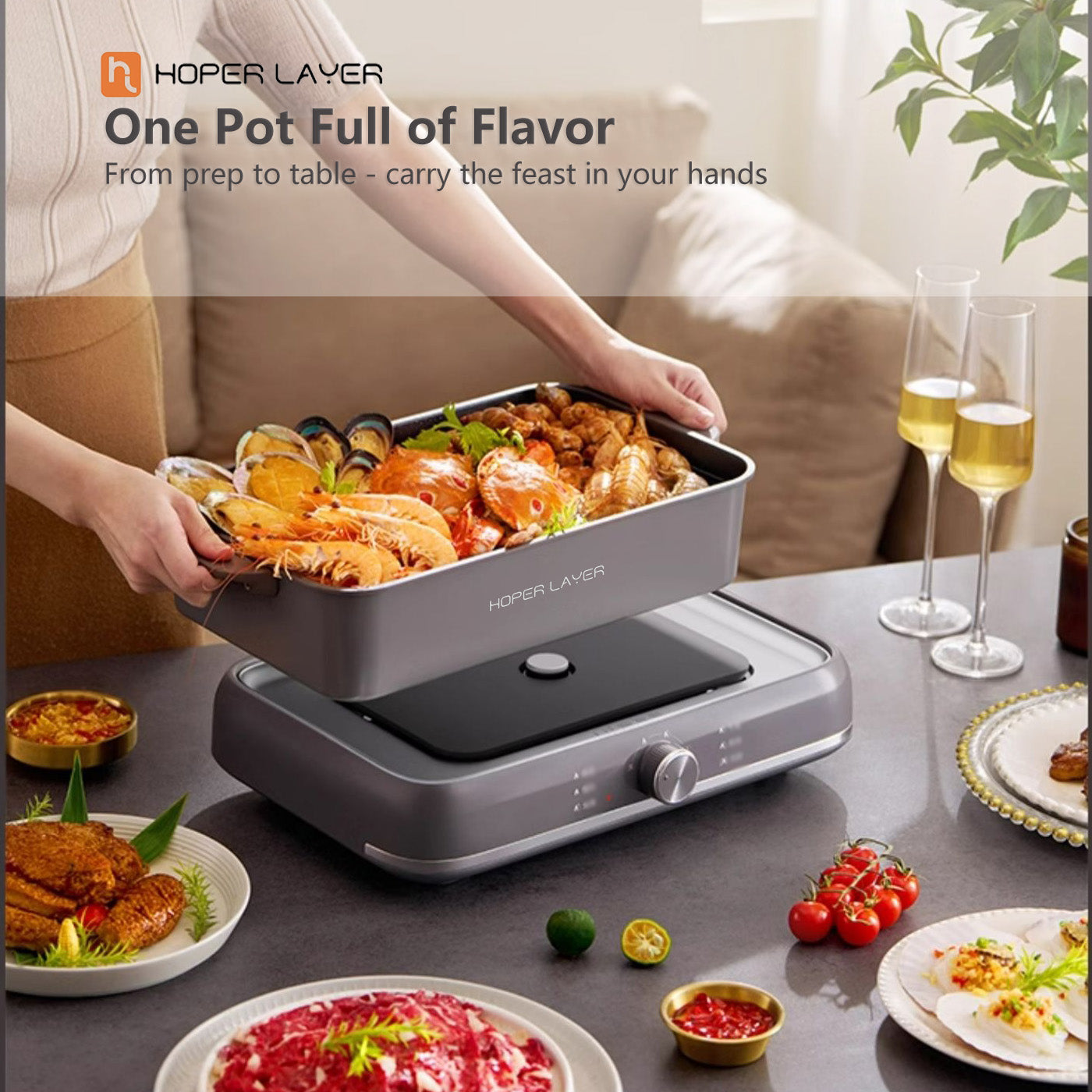 HOPER LAYER Multi-Function 6L 2000W Nonstick Electric Hot Pot Grill Cooker