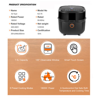 Hoper Layer 7.5L Digital Air Fryer with Viewing Window 1800W 3D Baking