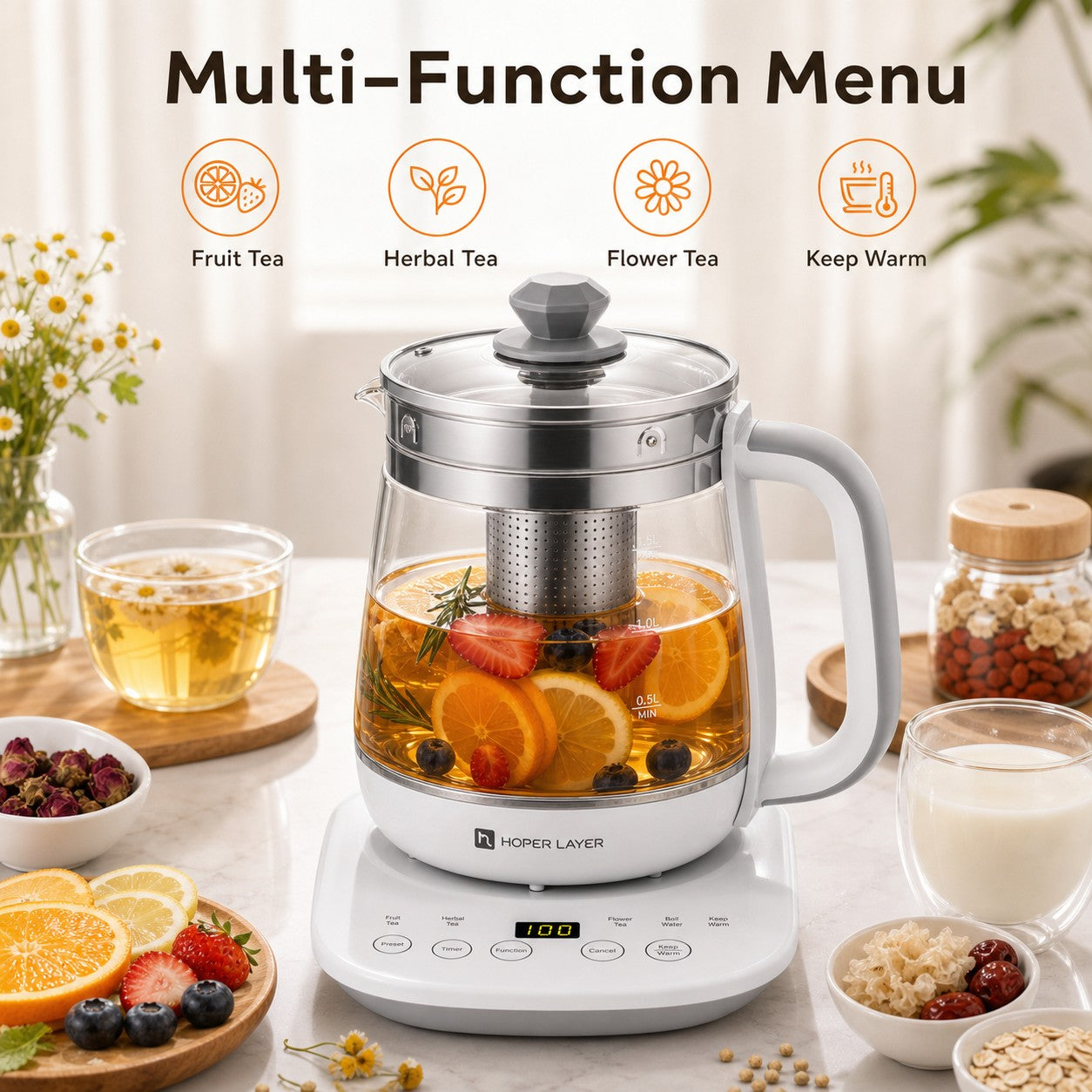 Hoper Layer Eletric Glass Kettle Water Boiler Multiple Cooking Boiling Bottle 1.5L FA-K1501 AU Model