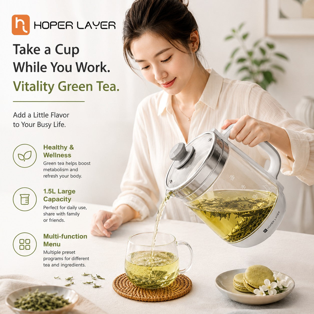 Hoper Layer Eletric Glass Kettle Water Boiler Multiple Cooking Boiling Bottle 1.5L FA-K1501 AU Model