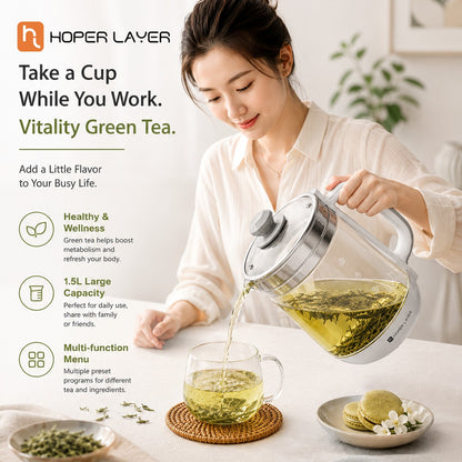 Hoper Layer Eletric Glass Kettle Water Boiler Multiple Cooking Boiling Bottle 1.5L FA-K1501 AU Model