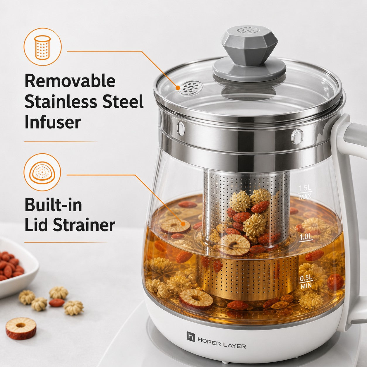 Hoper Layer Eletric Glass Kettle Water Boiler Multiple Cooking Boiling Bottle 1.5L FA-K1501 AU Model