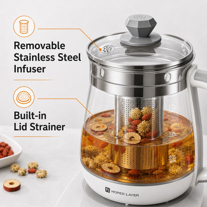 Hoper Layer Eletric Glass Kettle Water Boiler Multiple Cooking Boiling Bottle 1.5L FA-K1501 AU Model
