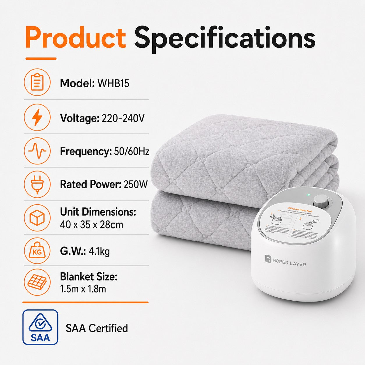 Hoper Layer Electric Water Heated Blanket 1.5m x 1.8m Electric Water Heating Mattress Pad