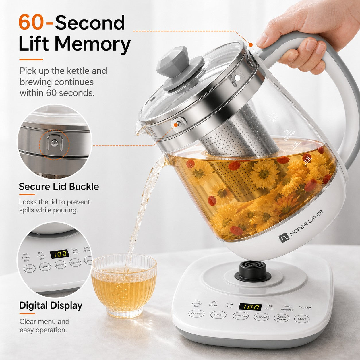 Hoper Layer Eletric Glass Kettle Water Boiler Multiple Cooking Boiling Bottle 1.5L FA-K1501 AU Model