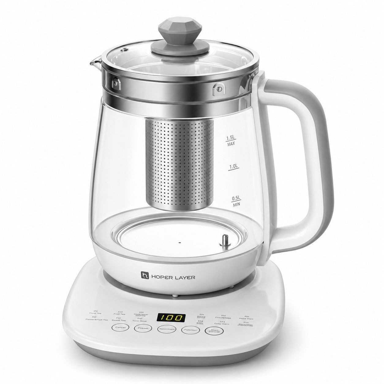 Hoper Layer Eletric Glass Kettle Water Boiler Multiple Cooking Boiling Bottle 1.5L FA-K1501 AU Model
