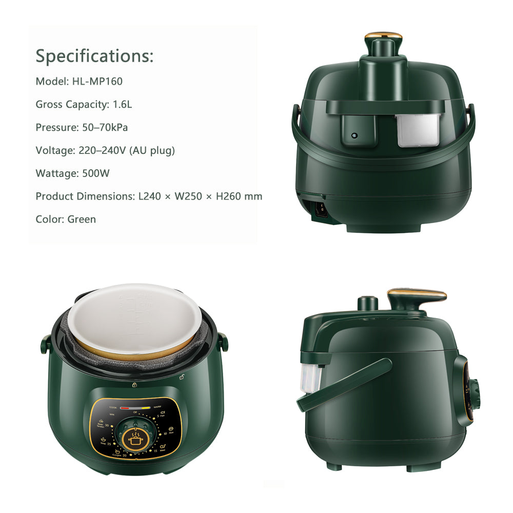 Hoper Layer Mini Electric Pressure Cooker – HL-MP160 3-Cup Small Rice Cooker for 1-2 People, 1.6L, 500W (AU Plug)